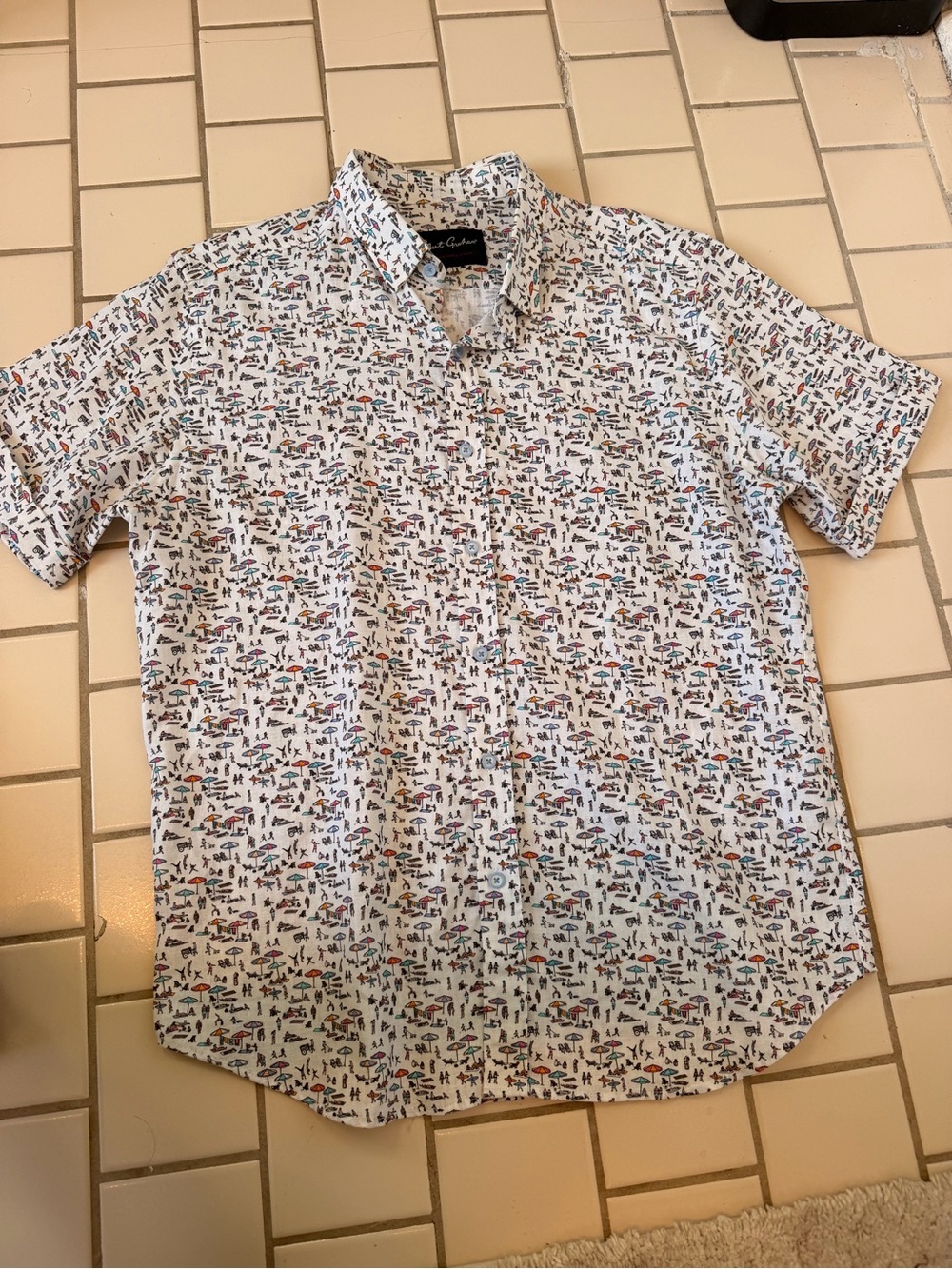 Goodfellow & Co White Short-Sleeve Button-Down Shirt with Multicolor Micro Print